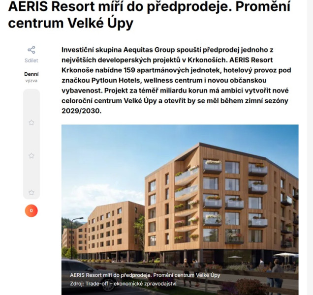 AERIS Resort míří do předprodeje. Promění centrum Velké Úpy