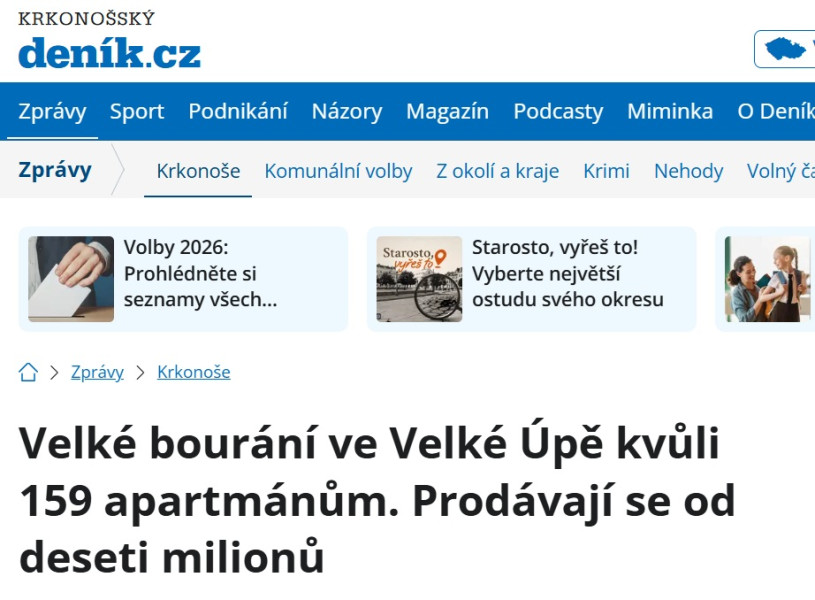 Velké bourání ve Velké Úpě kvůli 159 apartmánům. Prodávají se od deseti milionů